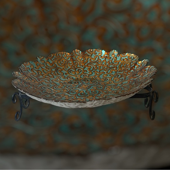 ArdaCam Hand Painted Turquoise & Bronze Glass 12” Round Serving Platter Bowl - Picture 6 of 16